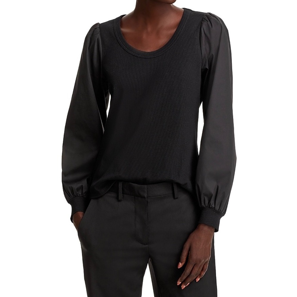 Single Thread Black Mixed Media Puff Sleeve Ribbed Knit Top Large‎